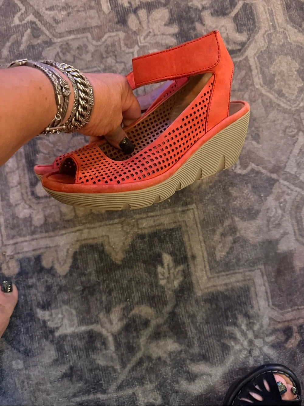 Clarks Orange/Red Suede Perforated Wedge Sandals Sz 8